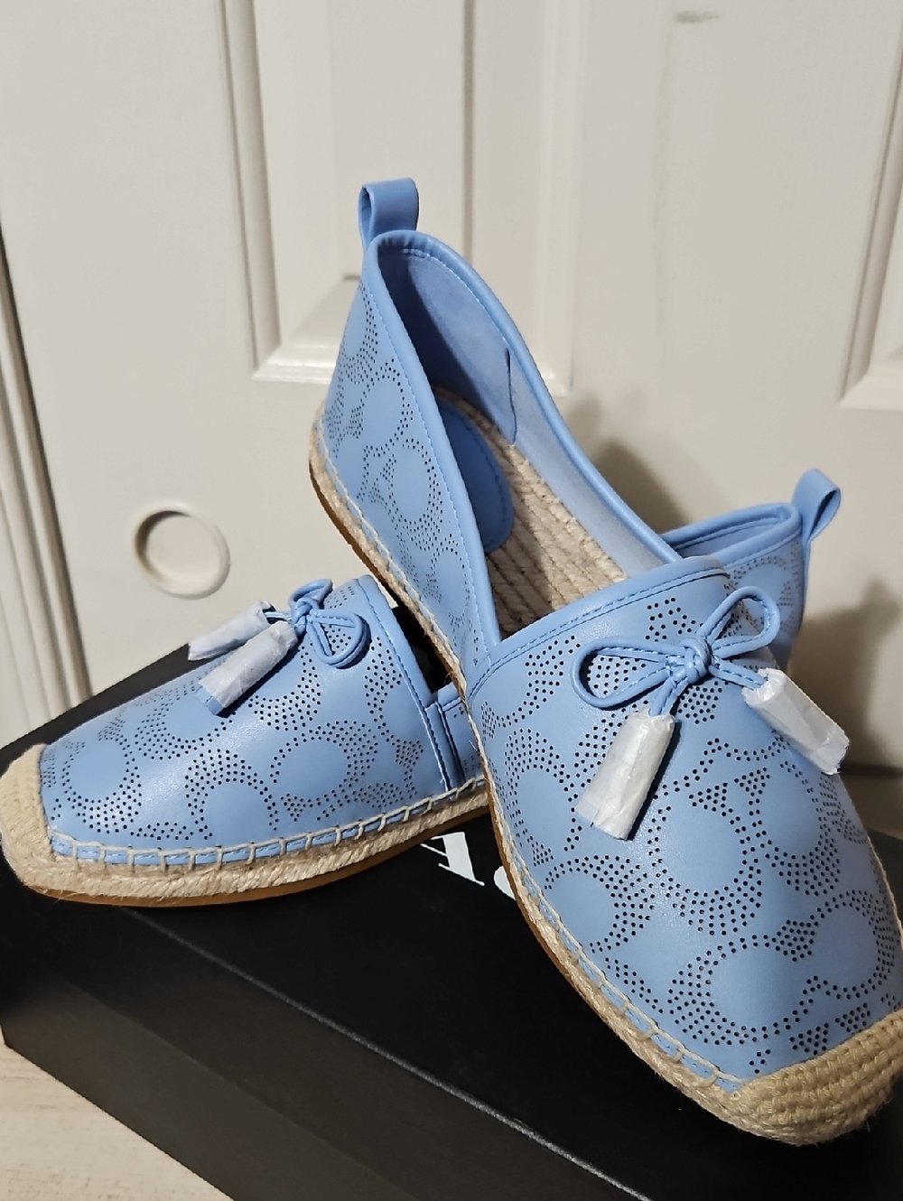 Coach NIB Light Blue Perforated Leather Espadrille Slip-On with Tassels